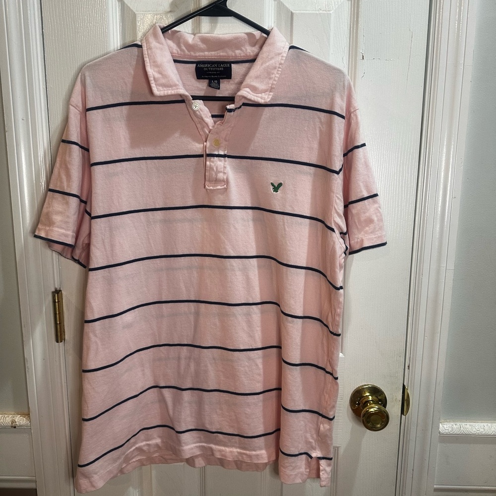 American Eagle Men’s‎ Pink Striped Short Sleeve Cotton Polo Preppy Large